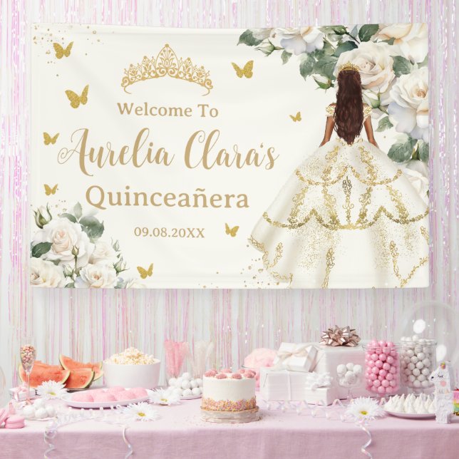 Quinceañera Ivory White Floral Dress Princess Gold Banner (Party)