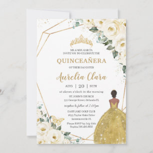 Quinceañera Ivory White Floral Gold Brown Princess Invitation