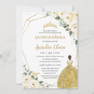 Quinceañera Ivory White Floral Gold Dress Princess Invitation