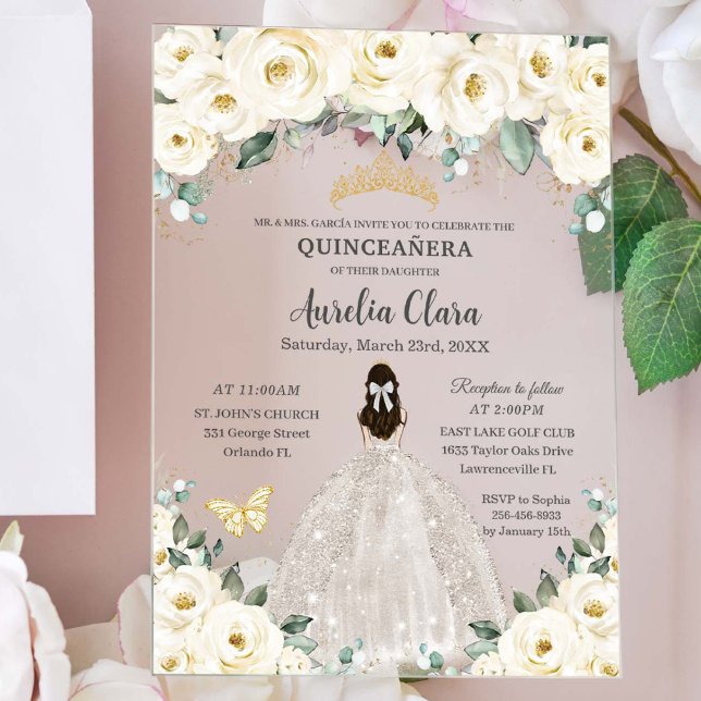 Quinceañera Ivory White Floral Gold Tiara Dress Acrylic Invitations (Creator Uploaded)