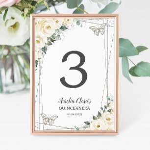 Quinceañera Ivory White Floral Silver Butterflies Table Number
