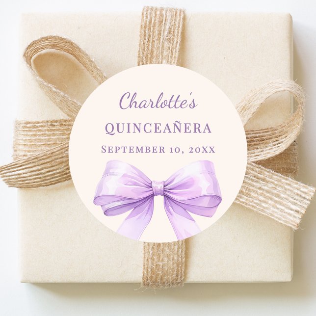 Quinceanera lavender bow ivory classic round sticker (Creator Uploaded)