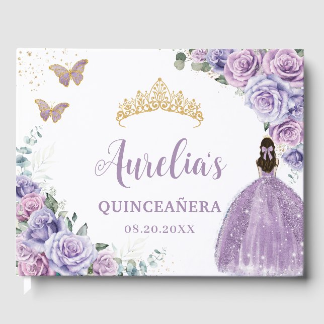 QUINCEAÑERA Lavender Lilac Purple Floral Princess  Guest Book (Front)