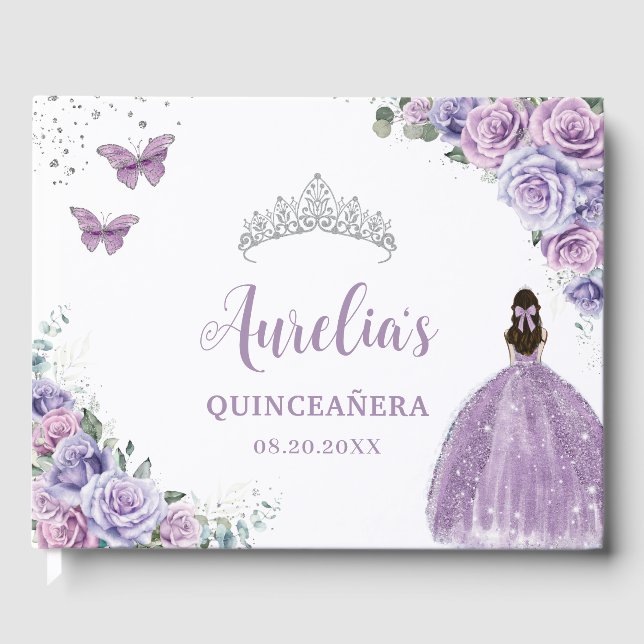 QUINCEAÑERA Lavender Lilac Purple Floral Princess Guest Book (Front)