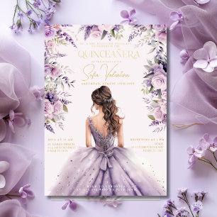 Quinceañera Lavender Purple Lilac Floral Gown Gold Invitation