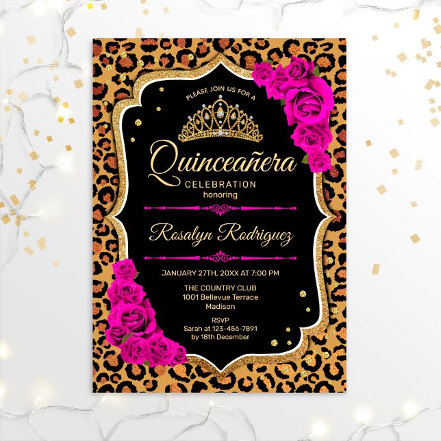 Quinceanera - Leopard Print Gold Red Pink Invitation (Creator Uploaded)