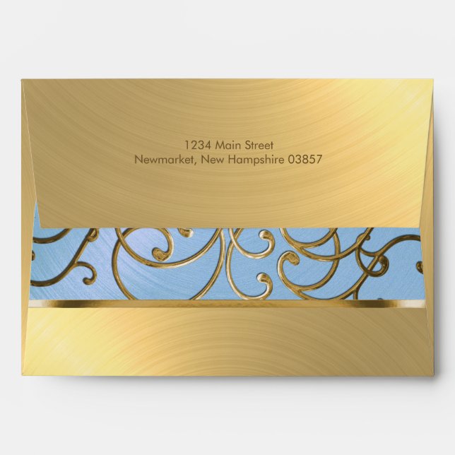 Quinceanera Light Blue and Gold Filigree Swirls Envelope (Back (Top Flap))
