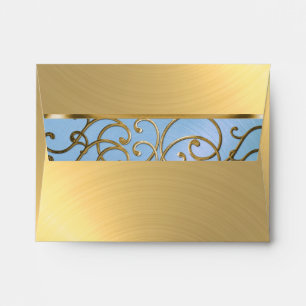 Quinceanera Light Blue and Gold Filigree Swirls Envelopes