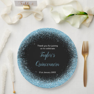 Quinceanera Light Blue Faux Glitter Paper Plate