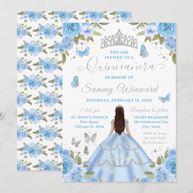 Quinceañera Light Blue Princess Brunette Girl Invitation (Front/Back)