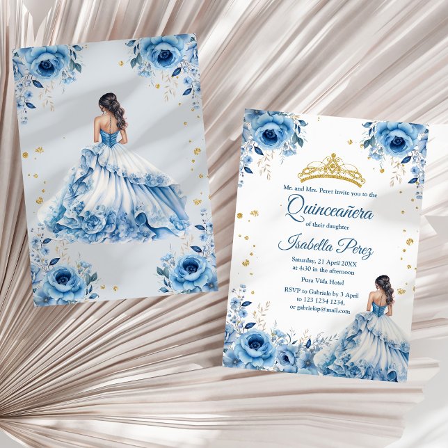Quinceanera Light Blue Princess Dress Tiara Invitation (Quinceanera Light Blue Princess Dress Tiara Invitation on a sunny neutral dry palm leaf.)