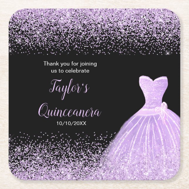 Quinceanera Light Purple Faux Glitter Square Paper Coaster (Front)