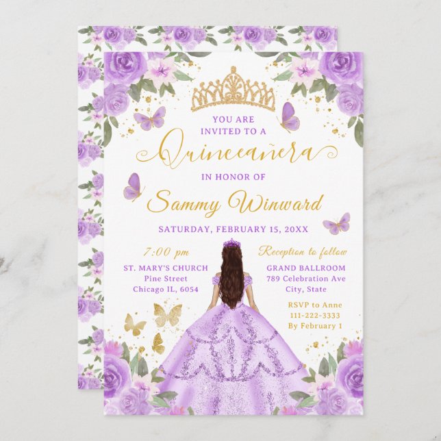 Quinceañera Light Purple Princess Brunette Girl Invitation (Front/Back)