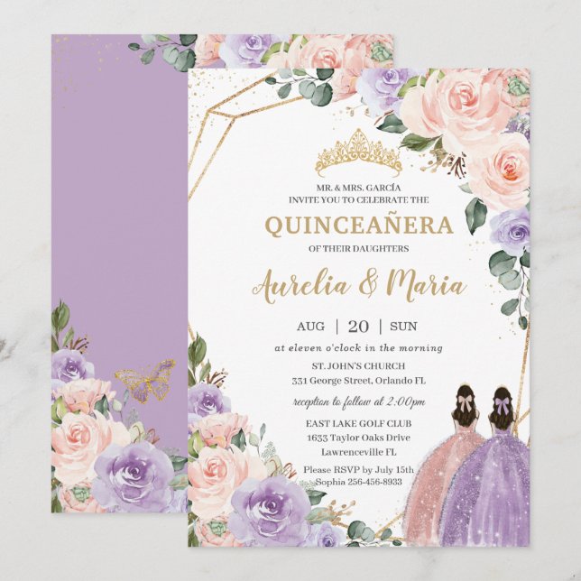 Quinceañera Lilac Blush Floral Rose Gold Twins Invitation (Front/Back)