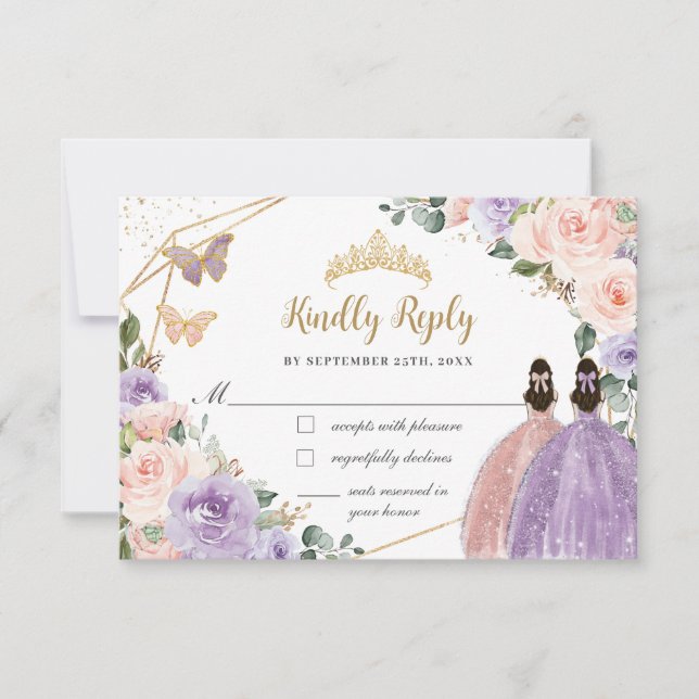 Quinceañera Lilac Blush Floral Rose Gold Twins RSVP Card (Front)
