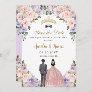 Quinceañera Lilac Blush Floral Twins Boy Girl Save The Date