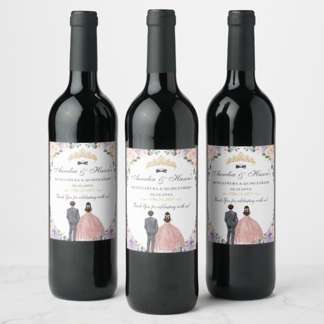 Quinceañera Lilac Blush Floral Twins Boy Girl Wine Label (Bottles)