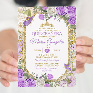 Quinceañera Lilac & Gold Crown Mexican Butterfly Invitation