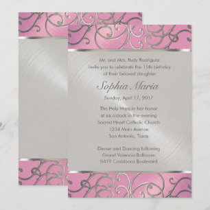 Quinceanera Lilac Pink and Silver Filigree Swirls Invitation