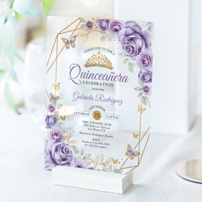 Quinceanera Lilac Purple Floral Acrylic Invitations (Creator Uploaded)