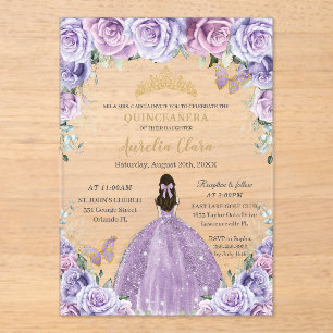 Quinceañera Lilac Purple Floral Gold Butterflies Acrylic Invitations