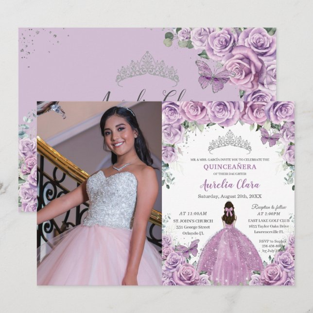 Quinceañera Lilac Purple Flowers Butterflies Crown Invitation (Front/Back)