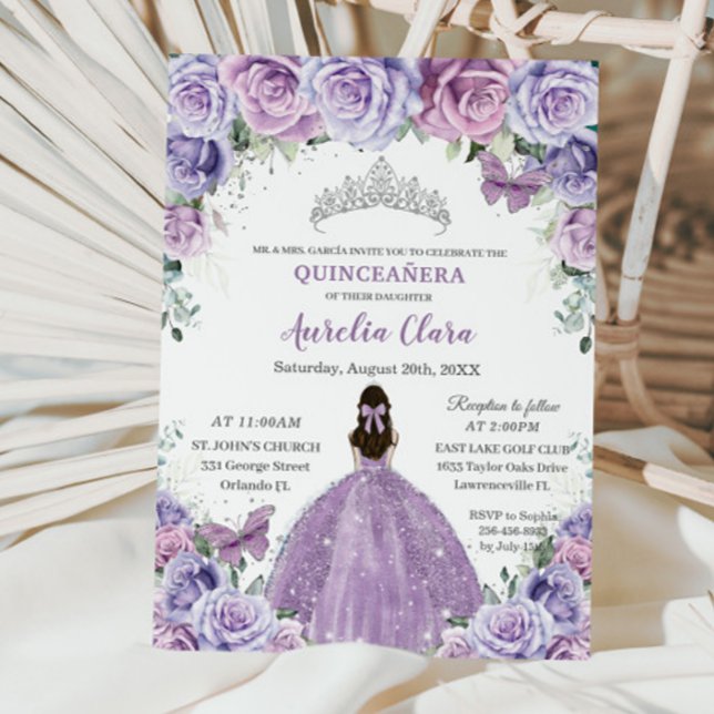 Quinceañera Lilac Purple Flowers Butterflies Crown Invitation (Creator Uploaded)