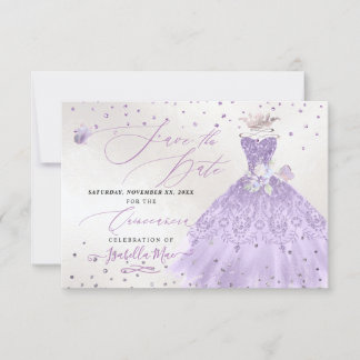 Quinceanera Lilac Purple Glitter Gown Save Date Invitation