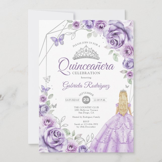 Quinceanera Lilac Purple Silver Blonde Girl Floral Invitation (Front)