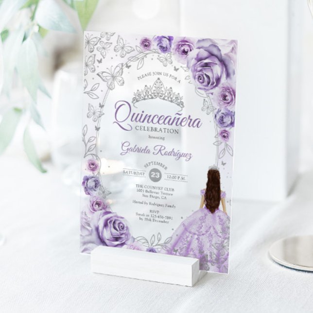 Quinceanera Lilac Purple Silver Floral Acrylic Invitations (Creator Uploaded)