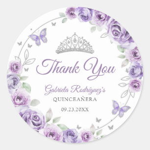 Quinceanera Lilac Purple Silver Floral Classic Round Sticker