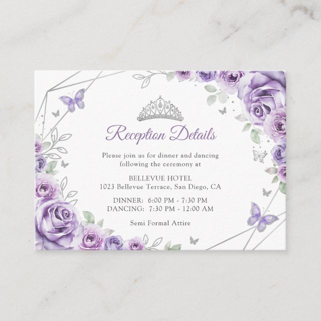 Quinceanera Lilac Purple Silver Floral Details Enclosure Card (Front)