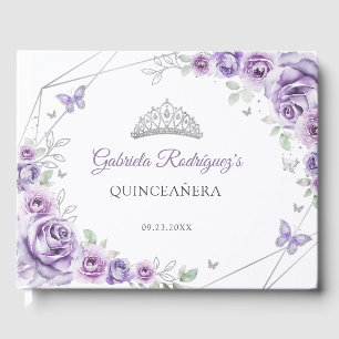 Quinceanera Lilac Purple Silver Floral Details Guest Book