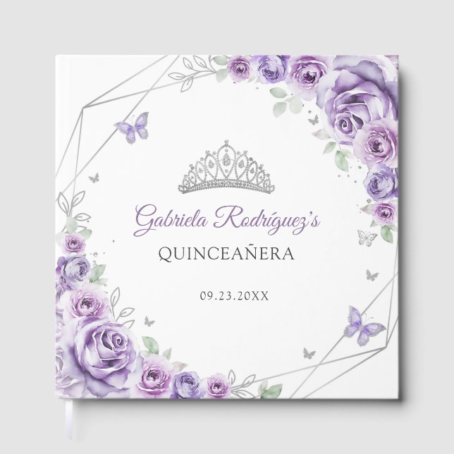 Quinceanera Lilac Purple Silver Floral Guest Book (Front)