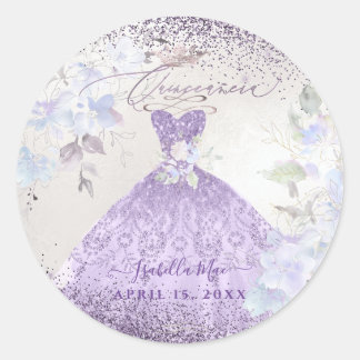 Quinceanera Lilac Purple Silver Glitter Gown Classic Round Sticker