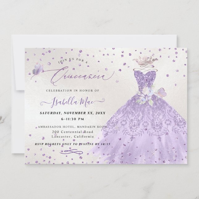 Quinceanera Lilac Purple Silver Glitter Gown Invitation (Front)