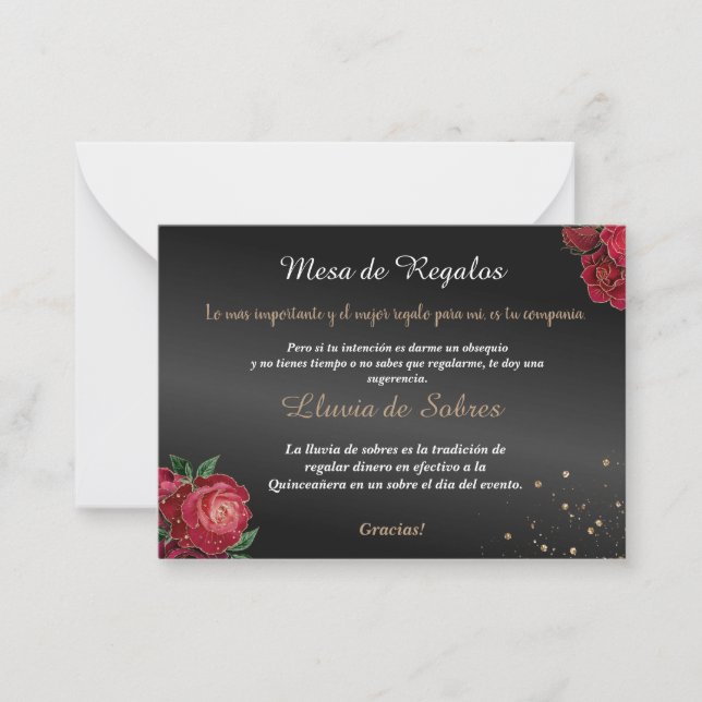 Quinceañera Lluvia de Sobres Black Red Roses Card (Front)