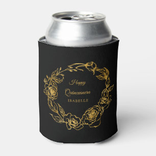 Quinceanera Luxe Gold Rose Personalised Black Can Cooler