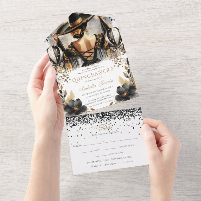 Quinceañera Luxury Black Gold Mexican Style rsvp All In One Invitation (Tearaway)