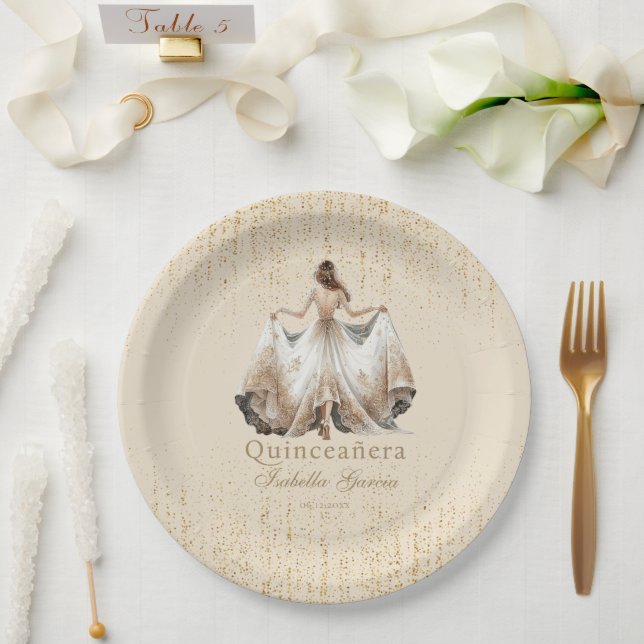 Quinceañera Luxury Ivory Gold Personalised Paper Plate (Wedding)
