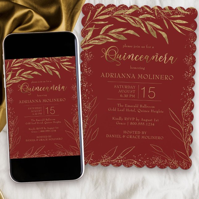 Quinceanera Luxury Red and Gold Leaves Invitation (Modern Quinceanera invitation in red and gold from my Gold Leaf Collection
)