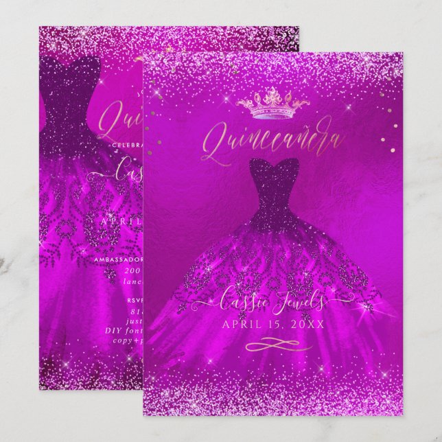 Quinceanera Magenta Gold Confetti+Princess Invitation (Front/Back)