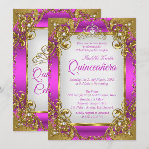 Quinceanera Magenta Golden Pearl Tiara Party Invitation
