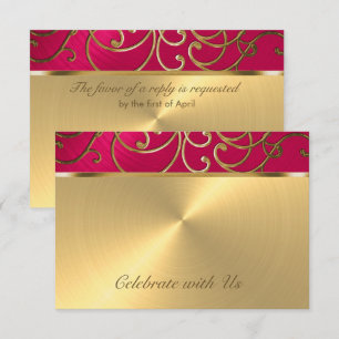 Quinceanera Magenta Pink and Gold Filigree Swirls Invitation