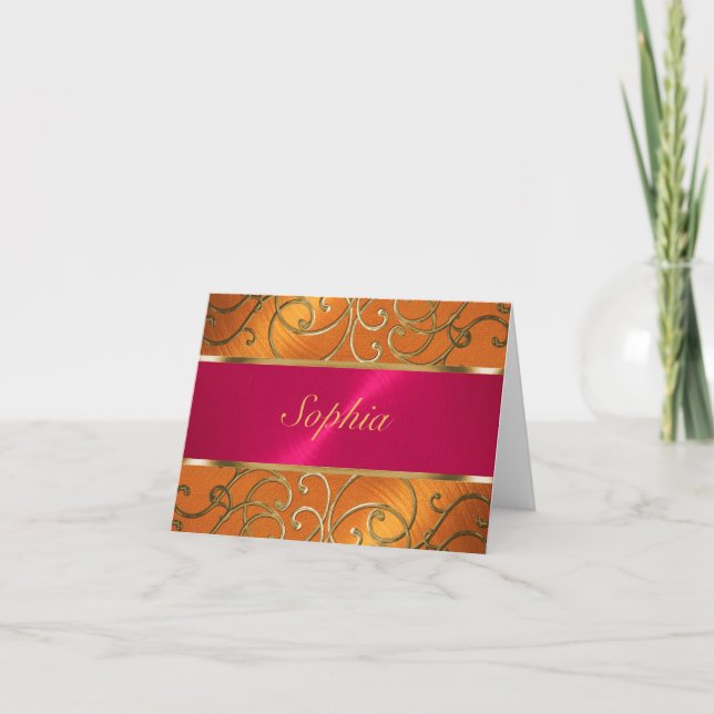 Quinceanera Magenta Pink Orange Gold Filigree Invitation (Front)