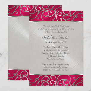 Quinceanera Magenta Pink Silver Filigree Swirls Invitation