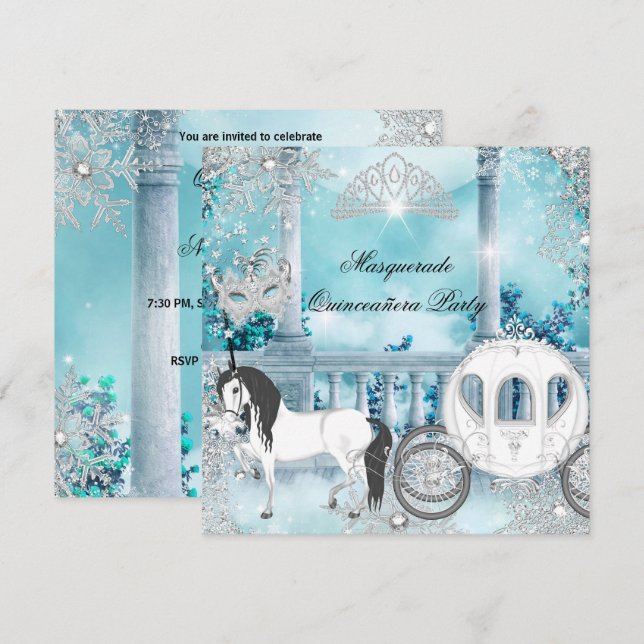 Quinceanera Magical Princess Blue Horse Carriage Invitation (Front/Back)