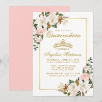 Quinceanera Magnolia Pink Roses Floral Gold