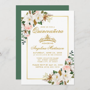 Quinceanera Magnolia Rose Floral Gold Green Invitation
