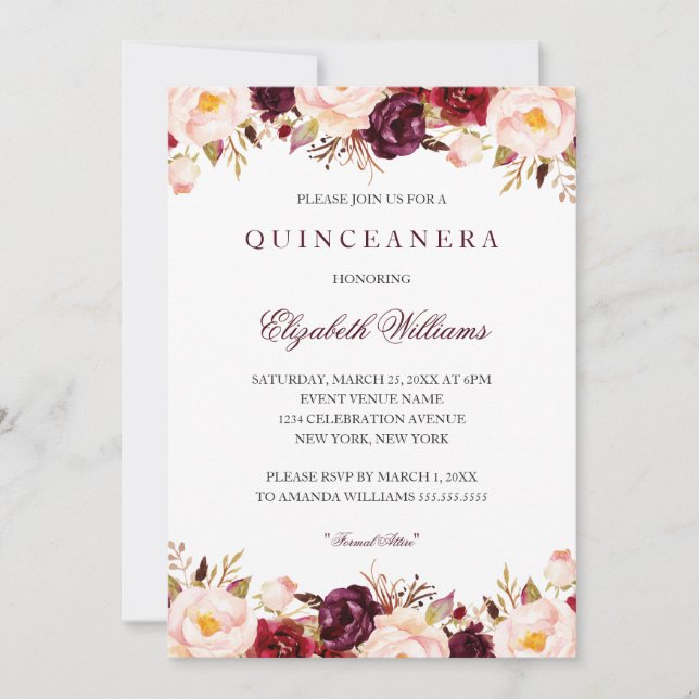 Quinceanera Marsala Floral Red Burgundy 15th Invitation (Front)